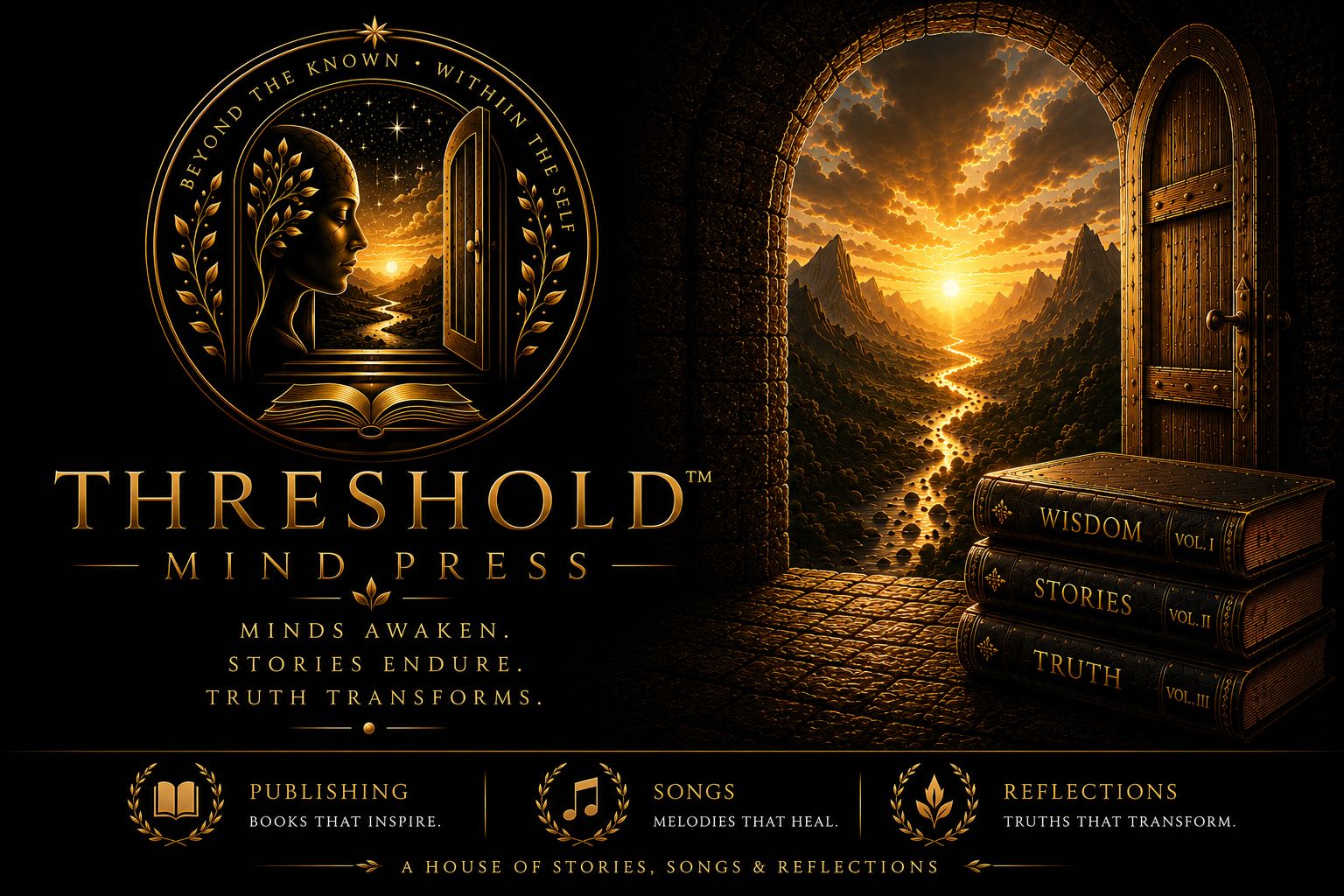 Threshold Mind Press logo with open doorway, books, and pathway symbolizing truth, wisdom and transformation